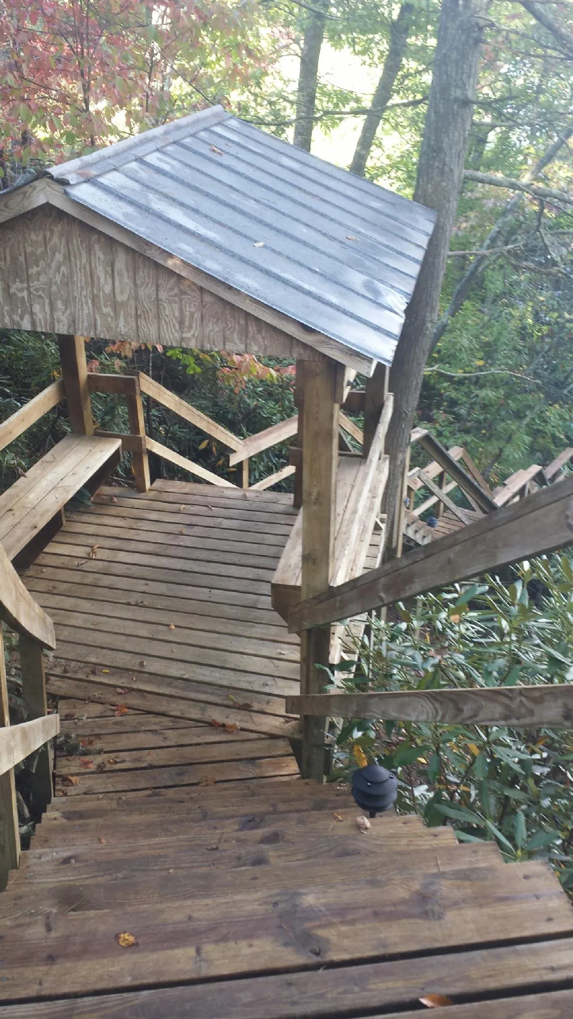 Metal roofed shelter over wooden steps on a wooded walkway — Skylight Repair & Installation work by our crew in Georgetown